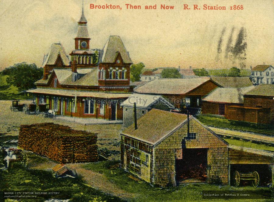 Postcard: Brockton, Then and Now, Railroad Station 1868